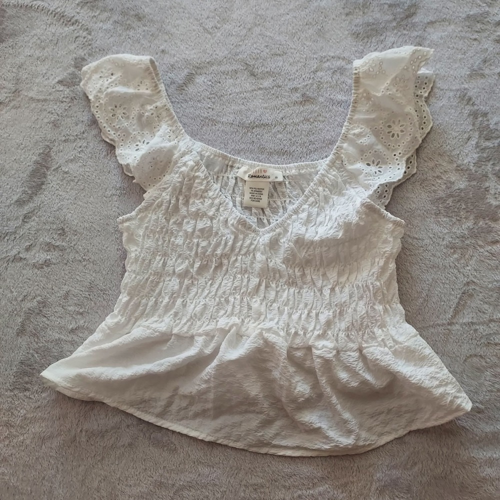Romantic White Smocked Peplum Top Eyelet Ruffle XS Feminine Coquette Cottagecore